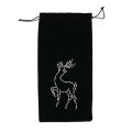 Red plush velvet wine bag with a rhinestone reindeer design and an orange drawstring closure. Red plush velvet wine bag with a rhinestone reindeer design and an orange drawstring closure.