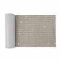 Silver table runner featuring glass rhinestones in an X-pattern with a textured fabric surface.