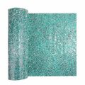 Silver table runner with a sparkling textured surface and embedded rhinestones in various colors. Silver table runner with a sparkling textured surface and embedded rhinestones in various colors.