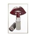 Hand-painted deep burgundy lips with a glossy finish silver metallic lipstick tube and textured silver glitter base in a gold frame. Hand-painted deep burgundy lips with a glossy finish silver metallic lipstick tube and textured silver glitter base in a gold frame.