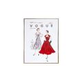 Vintage fashion illustration on canvas featuring a red dress and a black-and-white dress framed in metallic gold with rhinestone accents. Vintage fashion illustration on canvas featuring a red dress and a black-and-white dress framed in metallic gold with rhinestone accents.