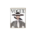 Black and white striped fashion illustration with a wide-brimmed hat red lips and a gold frame embellished with rhinestones.