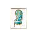 Aqua chair with gold embellishments featuring a high back rounded arms and two cushions set against a white background. Aqua chair with gold embellishments featuring a high back rounded arms and two cushions set against a white background.