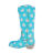 Boot-shaped pillow in aqua velvet with white flower patterns and rhinestone embellishments featuring a glittery beige sole.