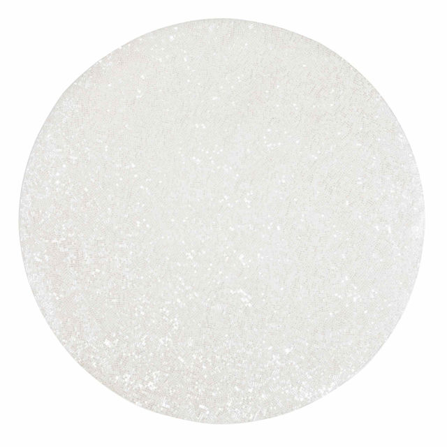 Round placemat covered in gold and silver glass beads with a textured surface and resin backing.