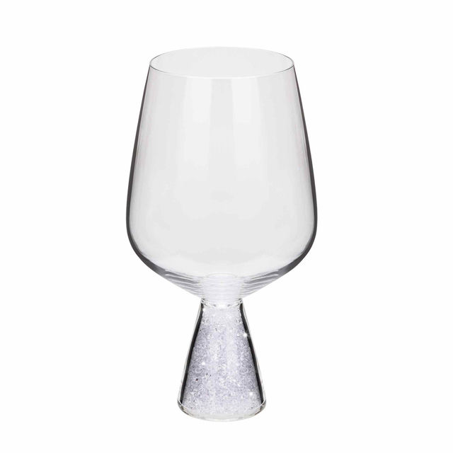 Clear stemless wine glass with a conical base filled with shimmering glass rhinestones.