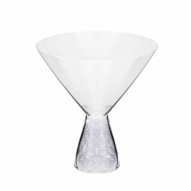 Stemless martini glass with a clear bowl and a textured glittering base in translucent crystal.