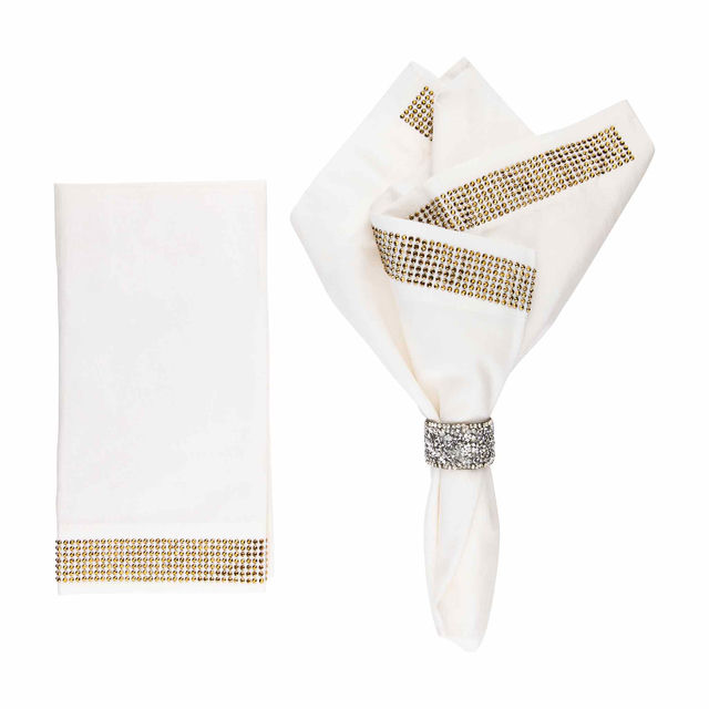 White napkin with gold stripe embellishments and a crystal rhinestone band made of linen and cotton blend smooth texture.