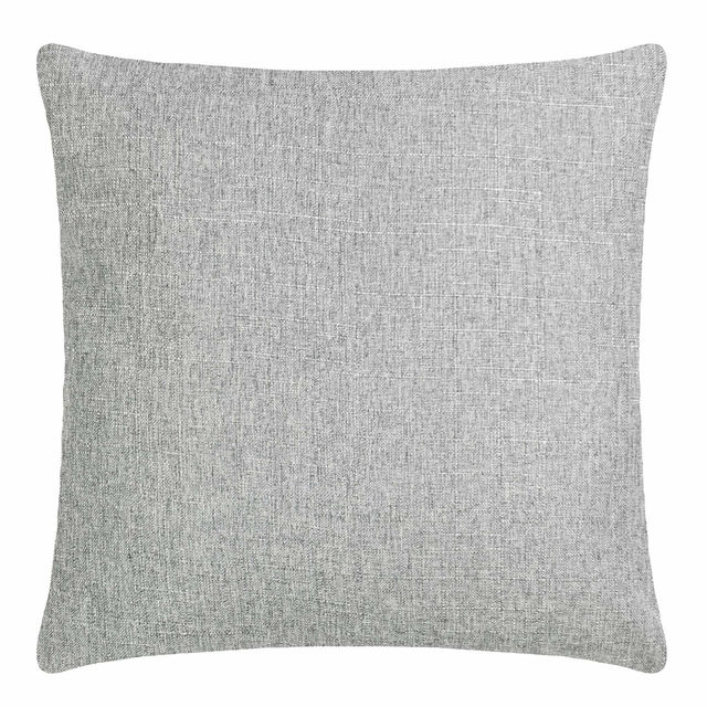 Square pillow with a textured light gray woven fabric and a hidden metal zipper.