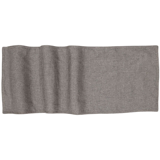 Woven table runner in textured gray fabric with a subtle heather pattern and wavy edges. Woven table runner in textured gray fabric with a subtle heather pattern and wavy edges.