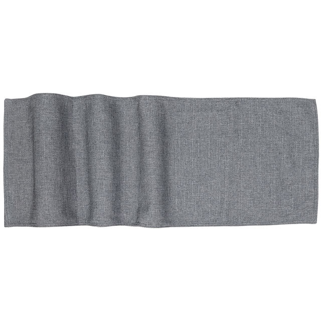 Woven table runner in textured gray fabric with a subtle heather pattern and wavy edges. Woven table runner in textured gray fabric with a subtle heather pattern and wavy edges.