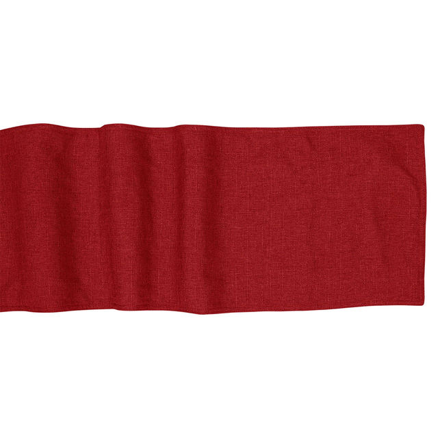 Woven table runner in textured gray fabric with a subtle heather pattern and wavy edges. Woven table runner in textured gray fabric with a subtle heather pattern and wavy edges.