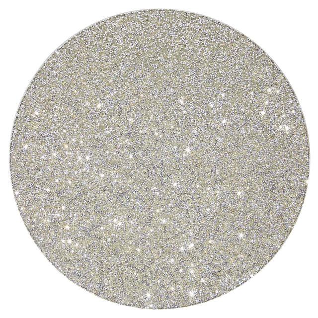 Round placemat with a shimmering silver rhinestone surface and a smooth white non-slip backing measuring 15 inches in diameter.