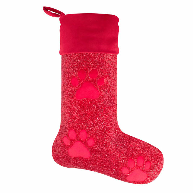 Red velvet stocking with sparkling rhinestones and pink paw print embellishments.