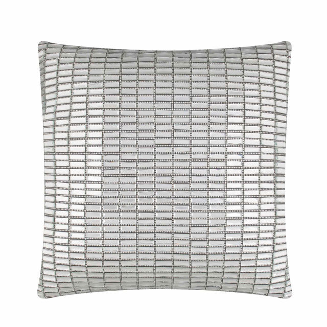 Square pillow with a textured silver velvet surface and glass stone embellishments in a grid pattern. Square pillow with a textured silver velvet surface and glass stone embellishments in a grid pattern.