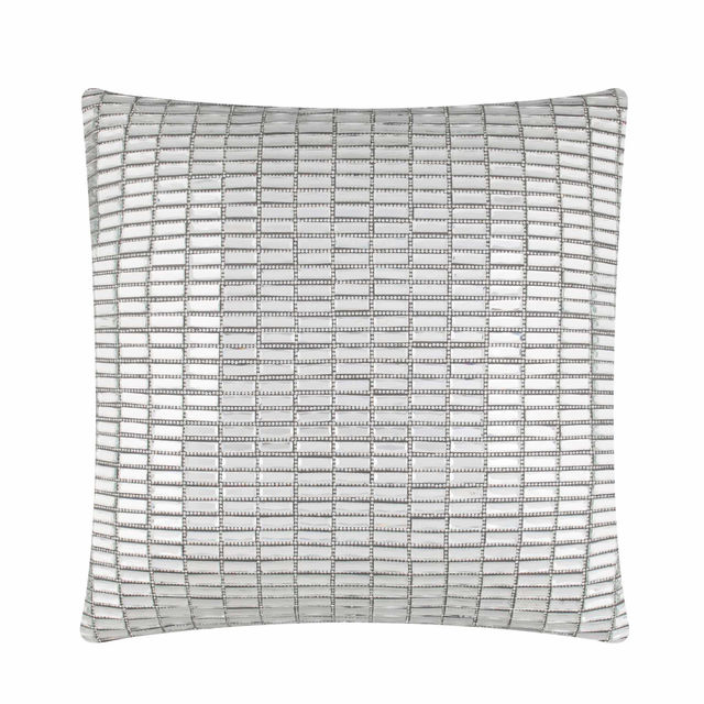 Square pillow with a textured silver velvet surface and glass stone embellishments in a grid pattern.