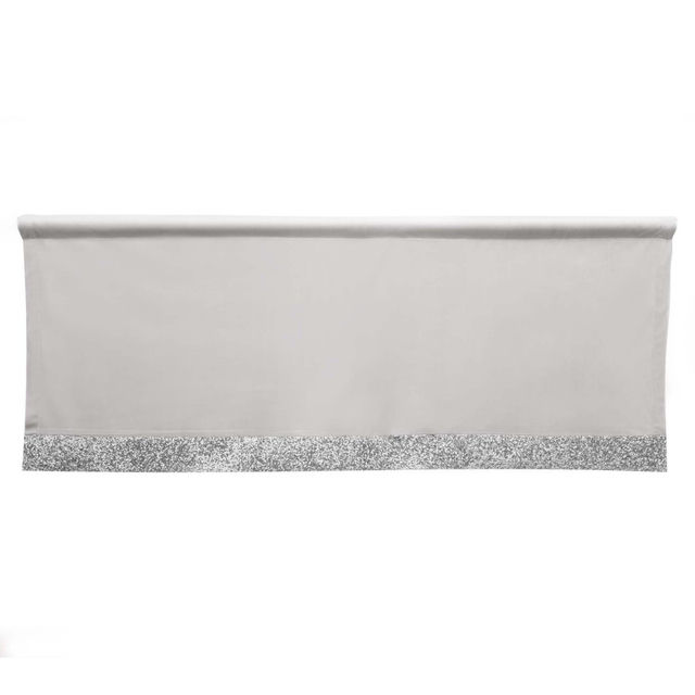 Gray velvet valance with a glittering silver rhinestone trim along the bottom edge measuring 18"x50".