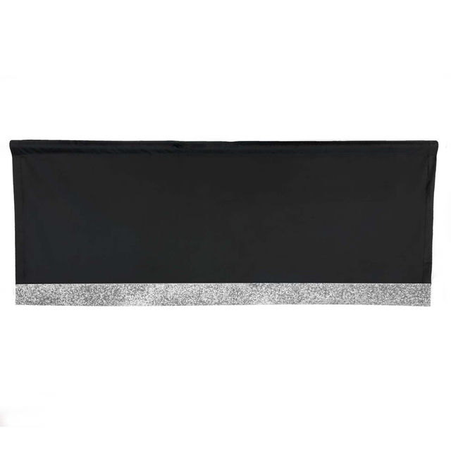 Gray velvet valance with a glittering silver rhinestone trim along the bottom edge measuring 18"x50". Gray velvet valance with a glittering silver rhinestone trim along the bottom edge measuring 18"x50".