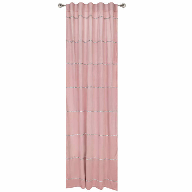 Blush velvet curtain panel with horizontal rhinestone trim and a gathered top measuring 96 inches in length.