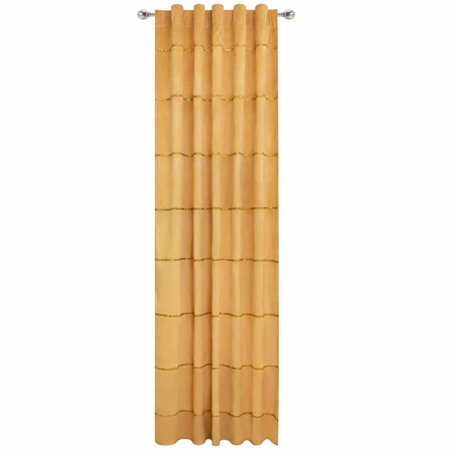 Black velvet curtain panel with horizontal rhinestone trim featuring a smooth texture and gathered top for hanging.