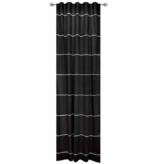 Black velvet curtain panel with horizontal rhinestone trim featuring a smooth texture and gathered top for hanging.