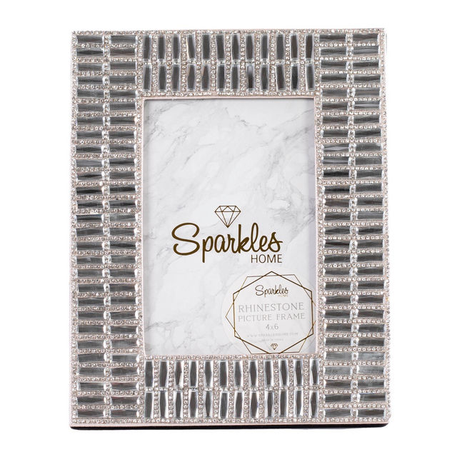 Silver rectangular picture frame with mirrored embellishments and rhinestone trim featuring a marble-patterned background.