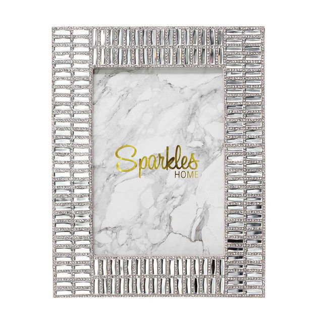 Silver rectangular picture frame with mirrored embellishments and rhinestone trim featuring a marble-patterned background.