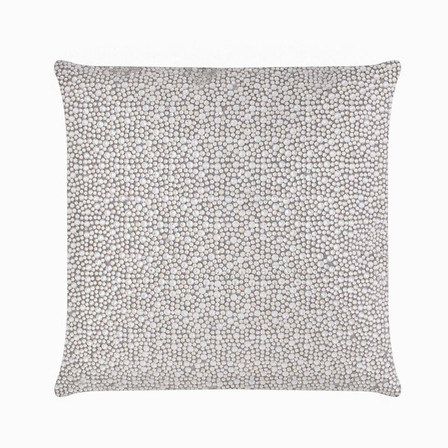 Silver square pillow covered in shimmering rhinestones on soft velvet fabric measuring 16"x16".