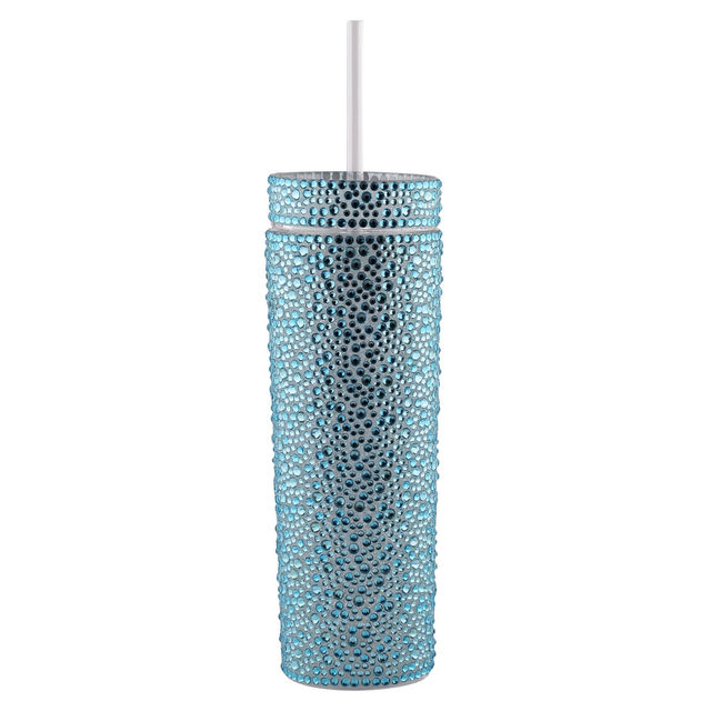 Aqua tumbler covered in rhinestones with a smooth texture and a white straw cylindrical shape 16oz capacity.