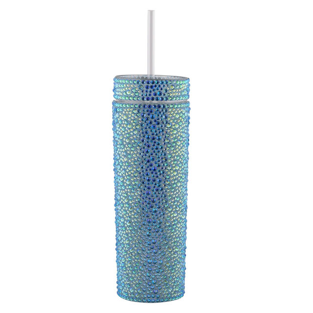 A tall silver tumbler covered in rhinestones with a clear straw and a smooth shiny surface.