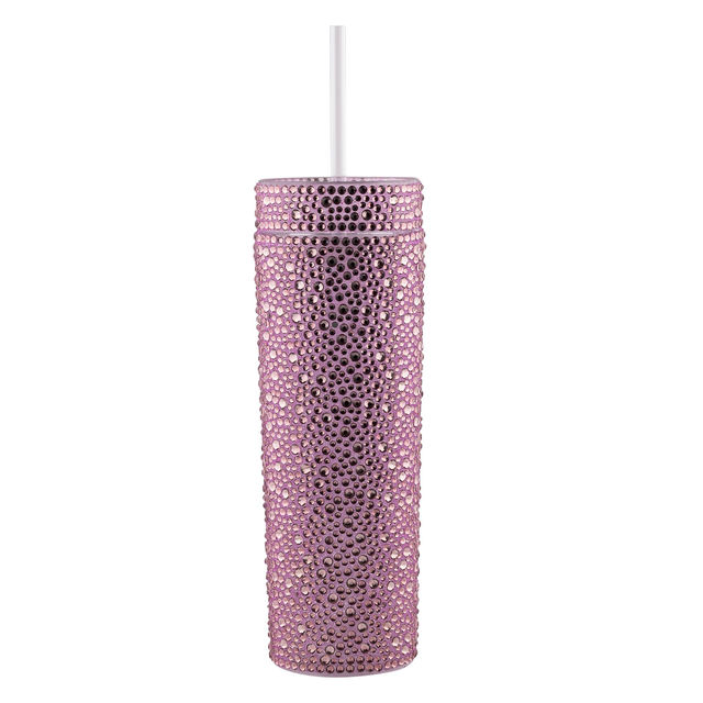Lavender tumbler covered in rhinestones with a white straw cylindrical shape and smooth glossy finish.