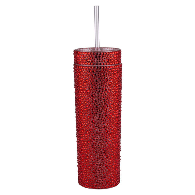Red tumbler covered in rhinestones with a clear straw cylindrical shape and smooth surface texture.