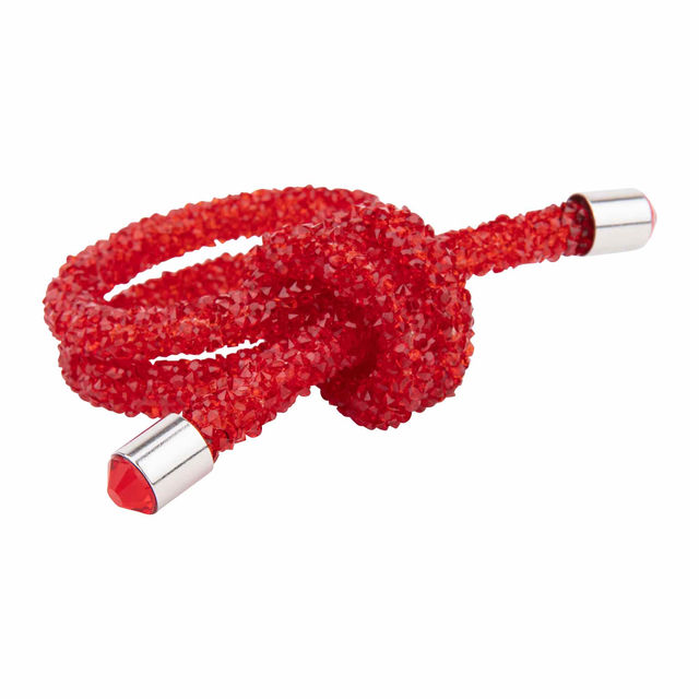 Red sparkling wire napkin ring in a knot shape with rhinestone embellishments and silver metal ends.