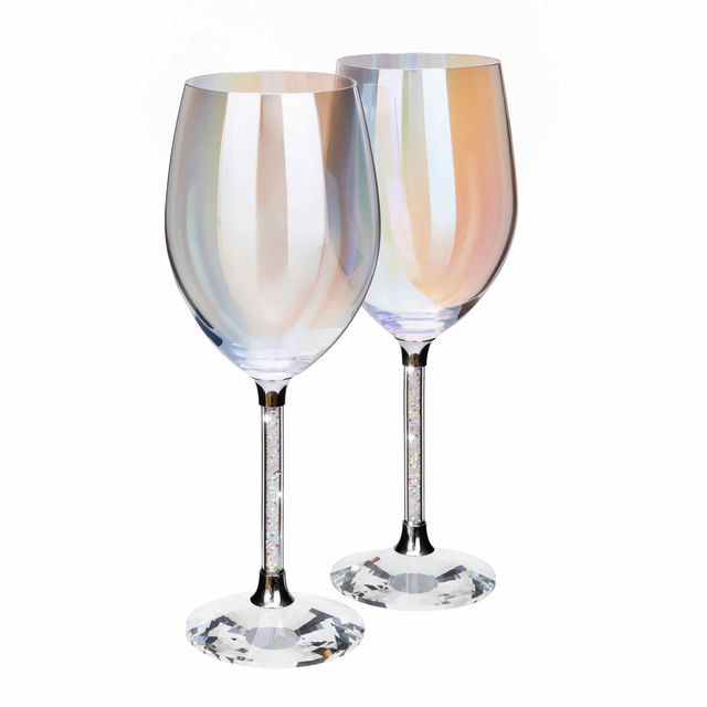 Iridescent wine glass with a crystal-filled stem and a faceted clear base featuring a smooth reflective surface.