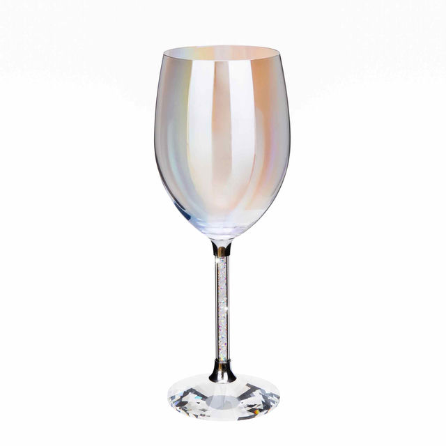 Iridescent wine glass with a faceted bowl crystal-filled stem and a light-reflecting base.