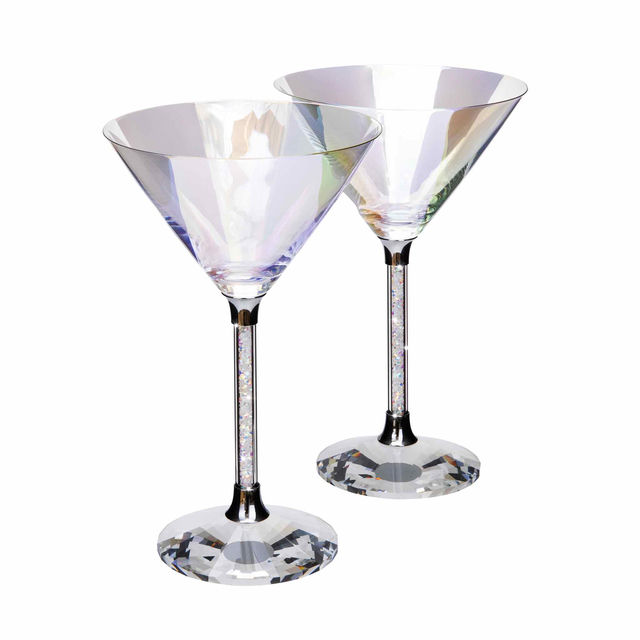 Iridescent martini glass with a crystal-filled stem and a faceted clear base featuring a smooth reflective surface.