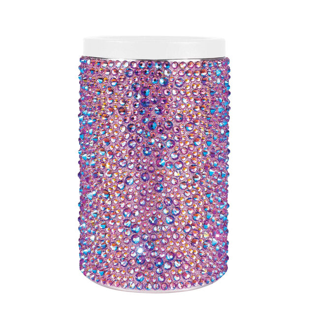 Aqua stainless steel can insulator covered in glass rhinestones with a white acrylic lid and a textured surface.