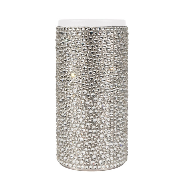 Tall can insulator covered in aqua crystals with a stainless steel body and white top featuring a smooth shiny texture.