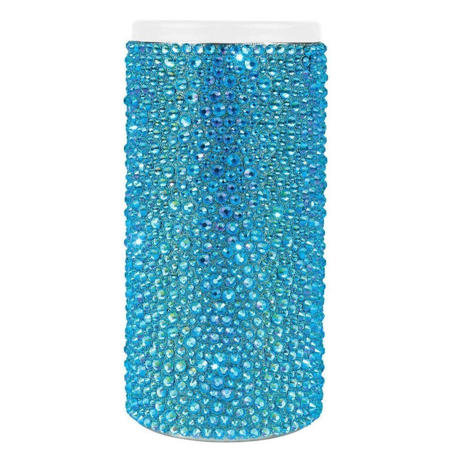 Tall can insulator covered in aqua crystals with a stainless steel body and white top featuring a smooth shiny texture.