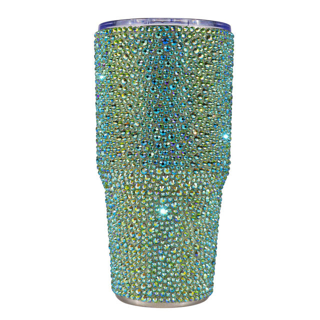 Rhinestone-encrusted double-walled stainless steel tumbler with a clear straw featuring a shimmering iridescent finish.