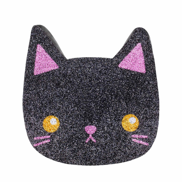 Black cat-shaped pillow with a glittery black surface pink ears yellow eyes and a pink nose.