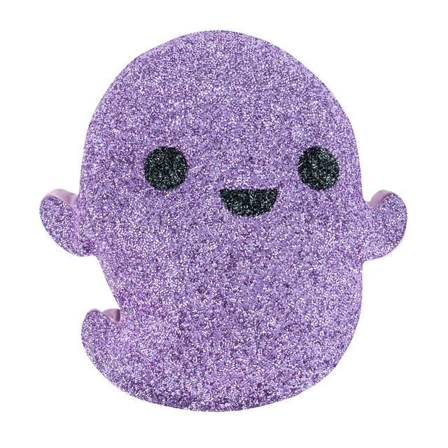 Purple ghost-shaped pillow covered in shimmering rhinestones with black eyes and a smiling mouth plush texture. Purple ghost-shaped pillow covered in shimmering rhinestones with black eyes and a smiling mouth plush texture.