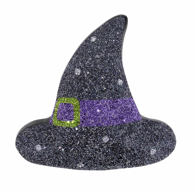 Witch hat shaped pillow in black plush velvet with purple band and green buckle embellished with rhinestones throughout.