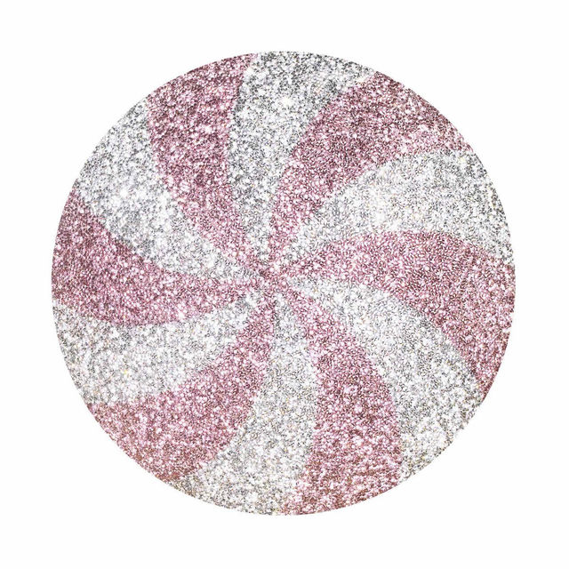 Round&#x20;pink&#x20;and&#x20;silver&#x20;peppermint-shaped&#x20;pillow&#x20;with&#x20;a&#x20;rhinestone&#x20;swirl&#x20;and&#x20;soft&#x20;velvet&#x20;texture.