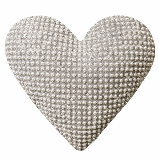 Heart-shaped pillow in soft gray velvet with pearl-like embellishments and rhinestone accents textured surface plush design.