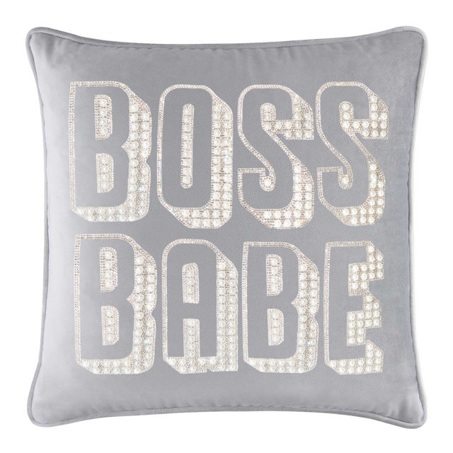 White velvet pillow featuring "BOSS BABE" in faux pearls and rhinestones with a smooth plush texture. White velvet pillow featuring "BOSS BABE" in faux pearls and rhinestones with a smooth plush texture.