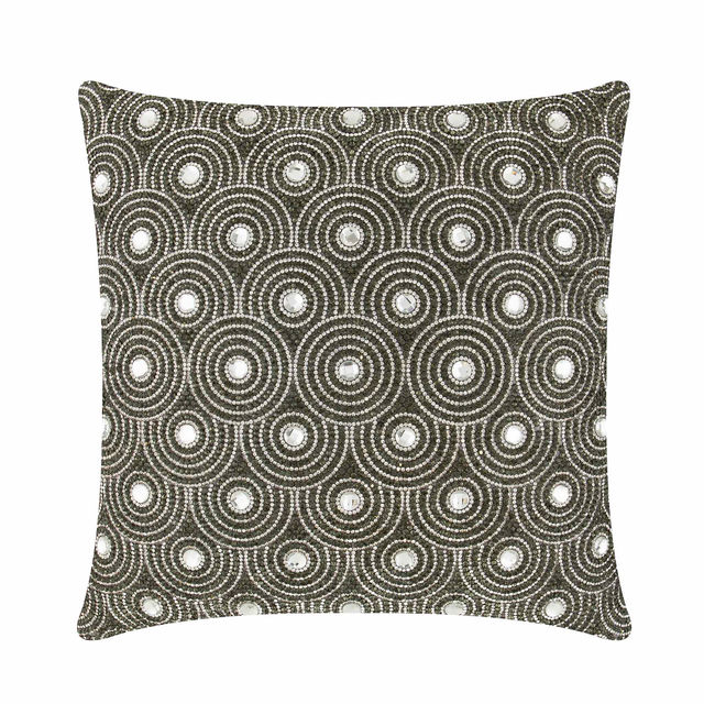 Black velvet pillow with circular glass rhinestone embellishments in an orbital pattern featuring a textured surface and plush shape. Black velvet pillow with circular glass rhinestone embellishments in an orbital pattern featuring a textured surface and plush shape.