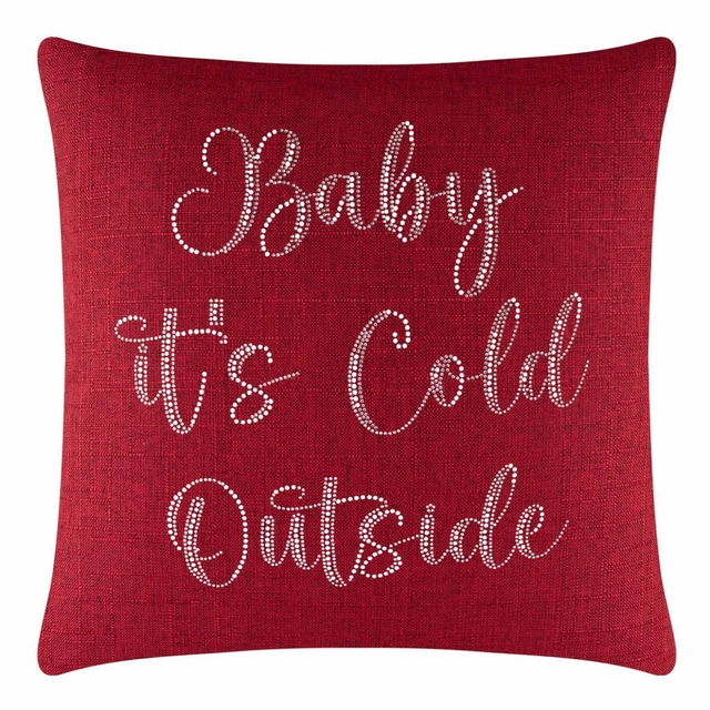 Red square pillow with a textured fabric featuring white glass rhinestones arranged in a cursive font design.