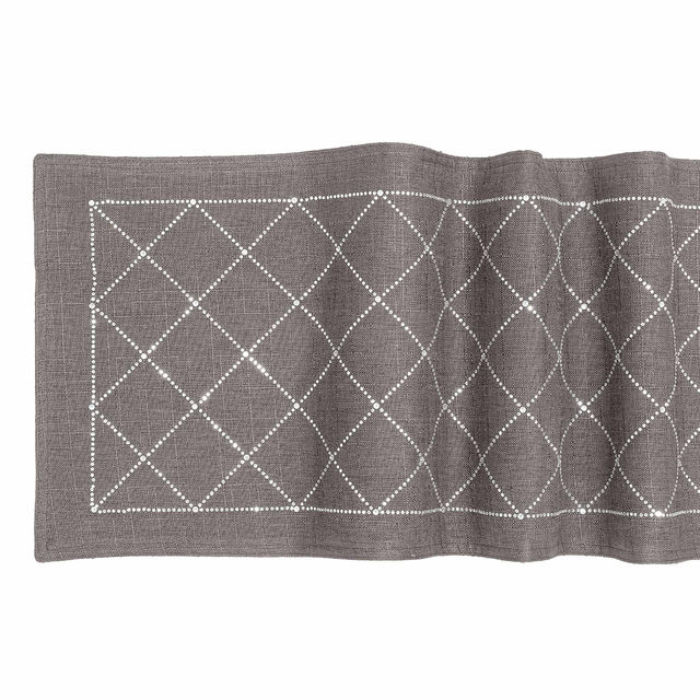 Red woven table runner featuring a diamond pattern embellished with glass rhinestones. Red woven table runner featuring a diamond pattern embellished with glass rhinestones.