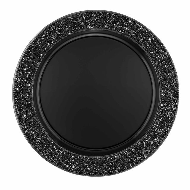 Black&#x20;circular&#x20;charger&#x20;plate&#x20;with&#x20;a&#x20;textured&#x20;rhinestone&#x20;band&#x20;and&#x20;a&#x20;smooth&#x20;inner&#x20;surface.